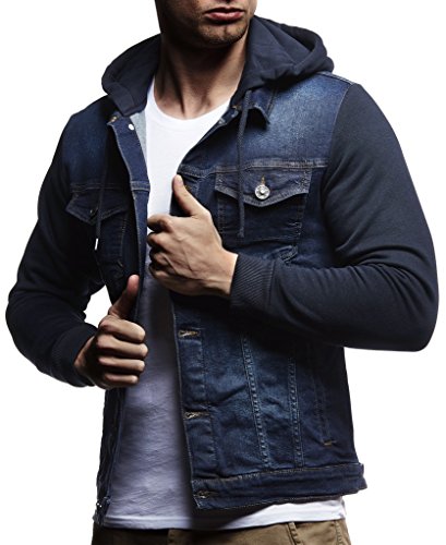 Leif Nelson Herren Sweat-Jacke Denim Vintage Jeans-Jacke für Männer mit Kapuze Slim-Fit Langarm Freizeit Hoodie verwaschen Casual LN5615 Blau XX-Large